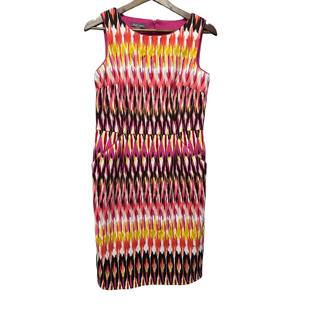 Pink Yellow Swirl Print‎ Dress Size 8 Polyester Spandex Lined